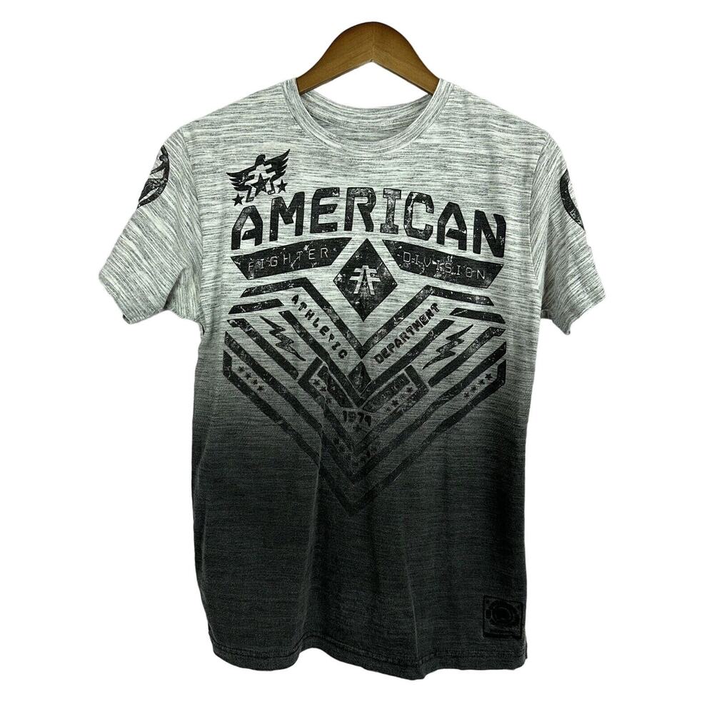 American Fighter Tee Shirt Top Womens Small Gray Grunge Rock Graphic y2k‎